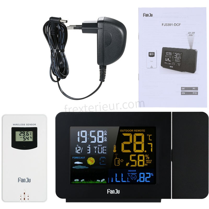 Fanju Usb Sans Fil Numerique Station Meteo Projection Reveil Thermometre Interieur / Exterieur Hygrometre Horloge Eu Plug soldes - -4