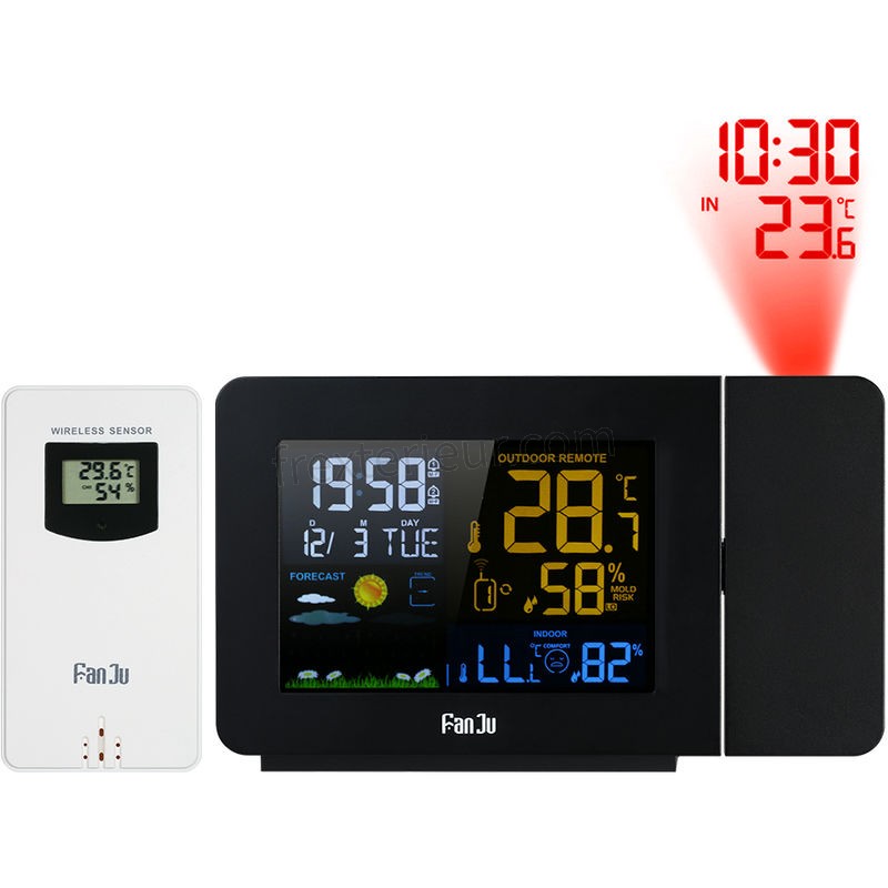 Fanju Usb Sans Fil Numerique Station Meteo Projection Reveil Thermometre Interieur / Exterieur Hygrometre Horloge Eu Plug soldes - -0
