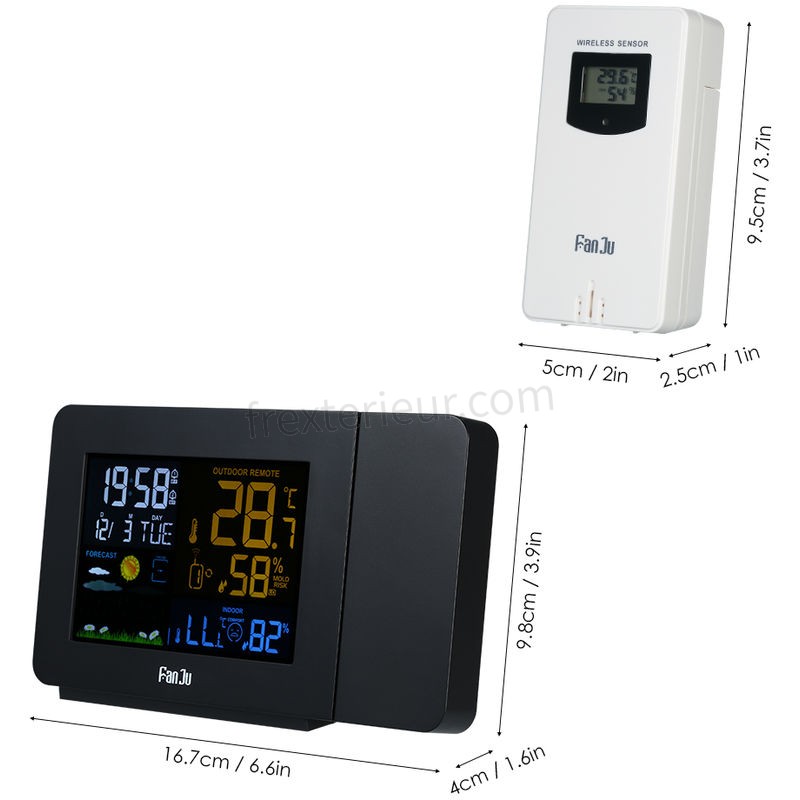 Fanju Usb Sans Fil Numerique Station Meteo Projection Reveil Thermometre Interieur / Exterieur Hygrometre Horloge Eu Plug soldes - -2