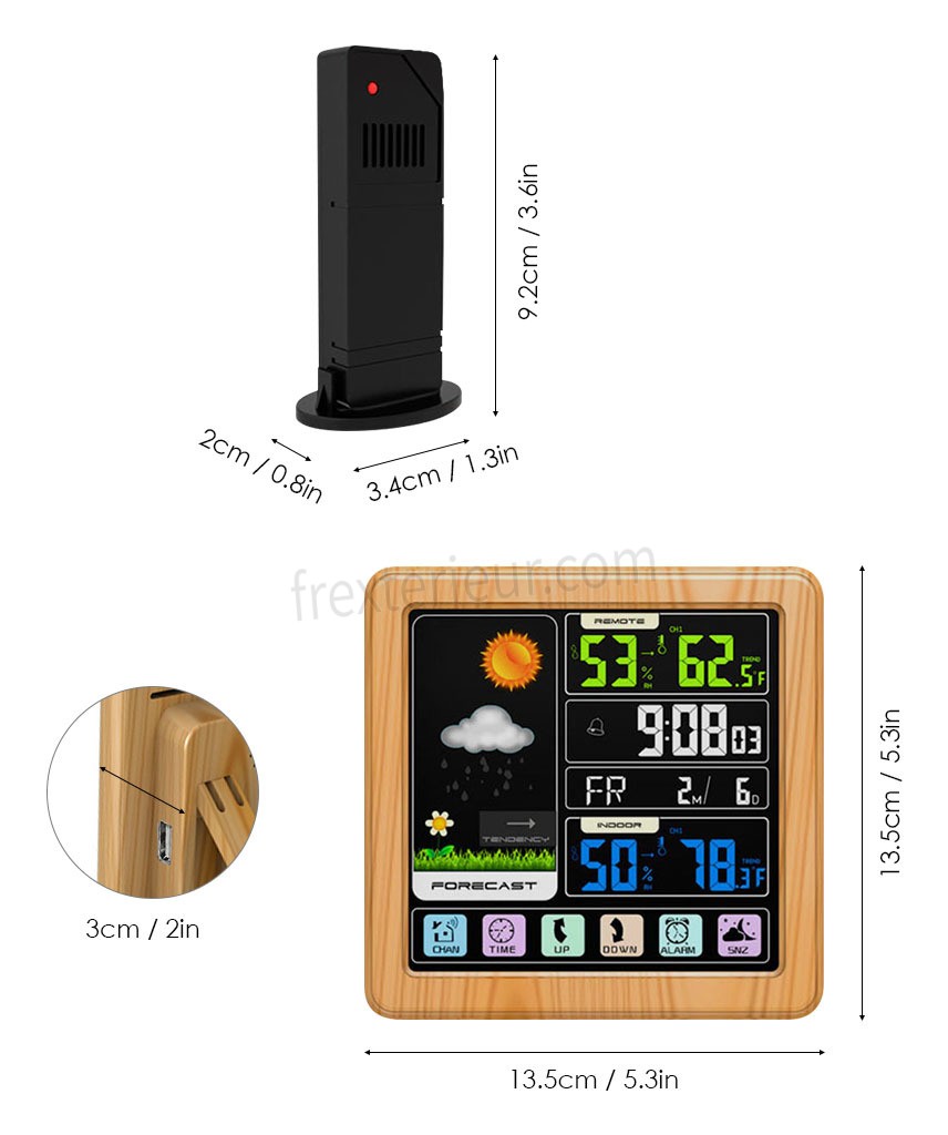ecran Tactile Couleur Lcd Station Meteo Sans Fil Reveil Thermometre Hygrometre - Bois soldes - -4
