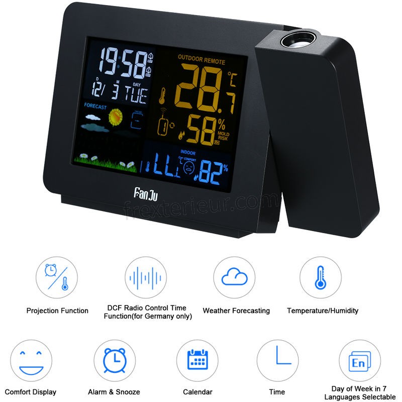 Fanju Usb Sans Fil Numerique Station Meteo Projection Reveil Thermometre Interieur / Exterieur Hygrometre Horloge Eu Plug soldes - -1