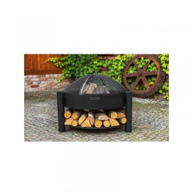 Brasero de jardin SOLAFA avec range bois en acier noir + pare-feu soldes