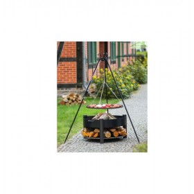 Grille barbecue sur trépied + Brasero avec range bois SOLAFA en acier noir soldes